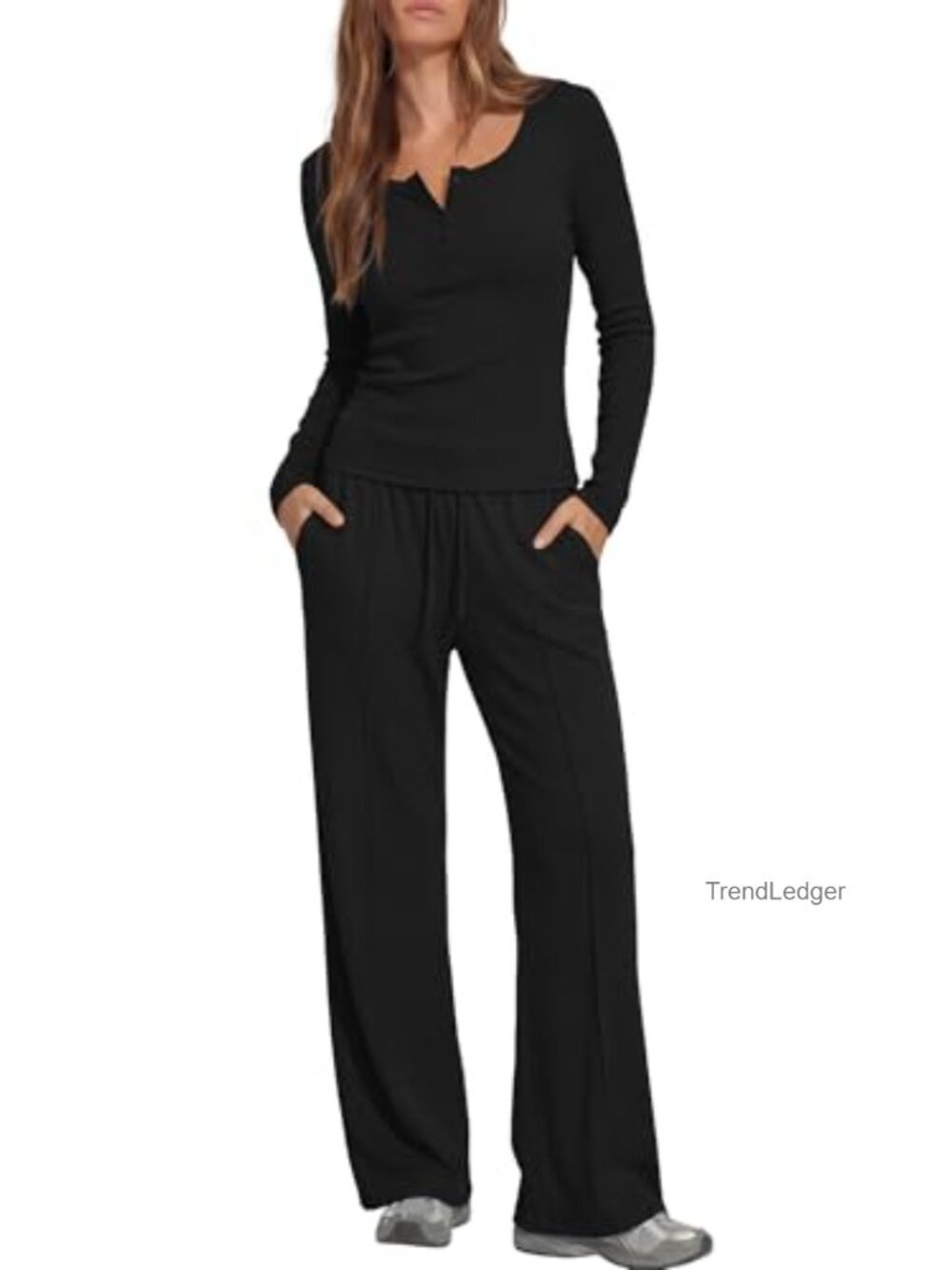 2 Piece Lounge Set Women Cotton Spandex Wide Leg Pants Henley